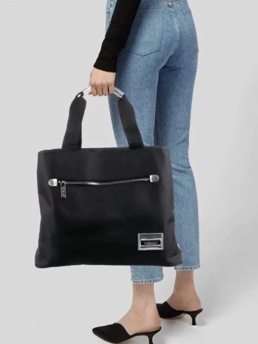 Versace Parfums Nylon Canvas Fashion Tote Bag Detachable Strap Black/Silver Tone